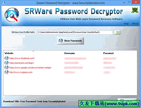 SRWare Password Decryptor 1.0免安装版[SRWare密码恢复工具]